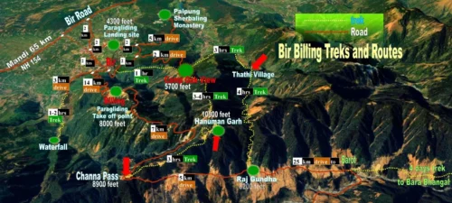 detailed map of Bir Billing - routes and trek
